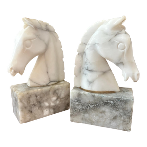 Italian Art Deco Carved Horse Alabaster Bookends - A Pair