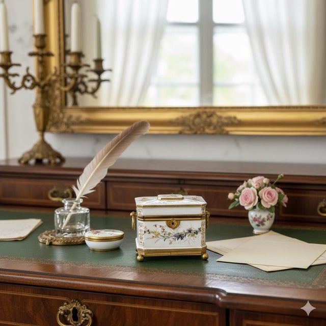 This is an exquisitely hand painted jewelry casket box with flowers on flowing vines. There are some minor white paint...