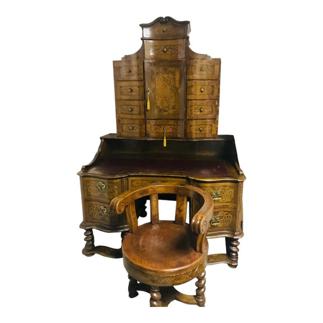 Early 19th C German Secretaire Desk Richly Inlayed With Chair For Sale