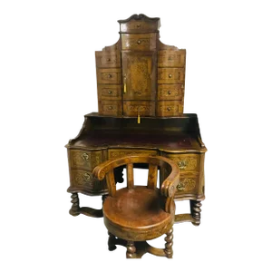 Early 19th C German Secretaire Desk Richly Inlayed With Chair