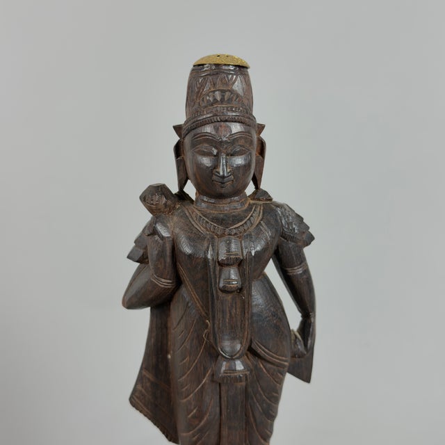 Brown Artigianale, Ancient Asian Statues Deities, 20th Century, Carved Wood and Marble, Set of 2 For Sale - Image 8 of 11