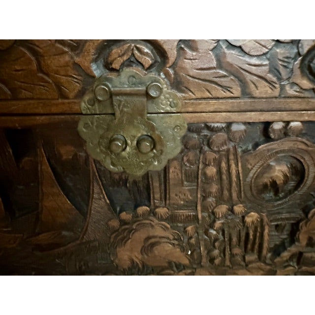 Brass Vintage Medium Asian Hand-Carved Camphor Wood Chest With Brass Hardware For Sale - Image 8 of 15