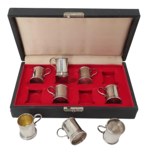 Vintage Mid Century 8 Piece Sterling Silver Miniature Tankards Shot Glass Set - Poker Game Set