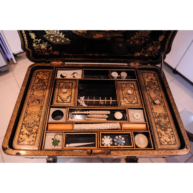 Regency Chinese Qing Chinoiserie Hand-Painted Lacquered Sewing Table For Sale - Image 11 of 14