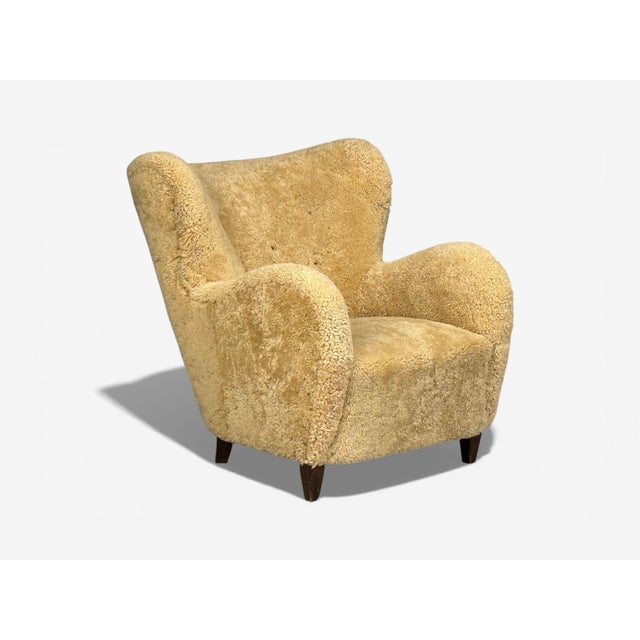 1940s Swedish Modern, Organic Lounge Chairs, Shearling, Wood, Sweden, 1940s For Sale - Image 5 of 12