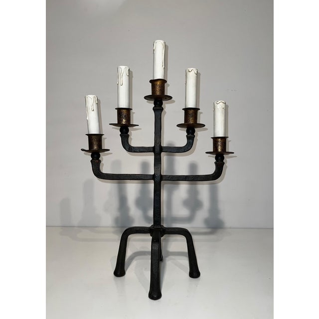 Metal Pair of 1940s 5-Arm Wrought Iron Candelabras For Sale - Image 7 of 12