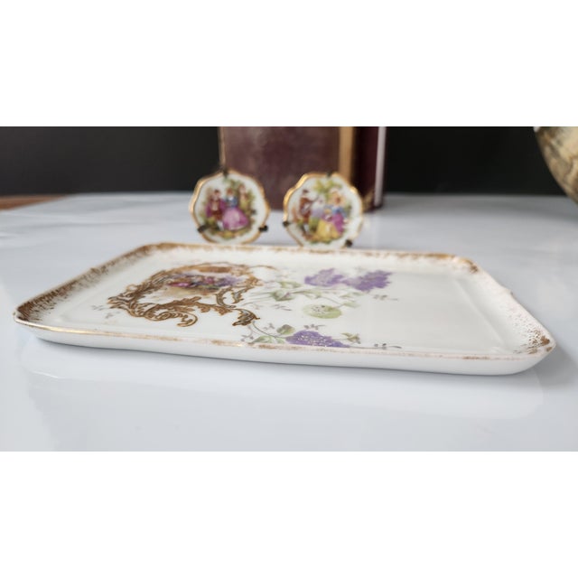 Antique Victorian Miniature Porcelain Plates & Matching Tray – Romantic Pastoral Scenes, Gilt Rococo Decor, C. 1900 (Set of 3) For Sale - Image 4 of 17