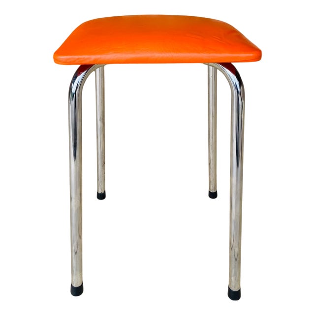 Mid-Century Orange Skaï and Chrome Stool from J L, 1970s For Sale
