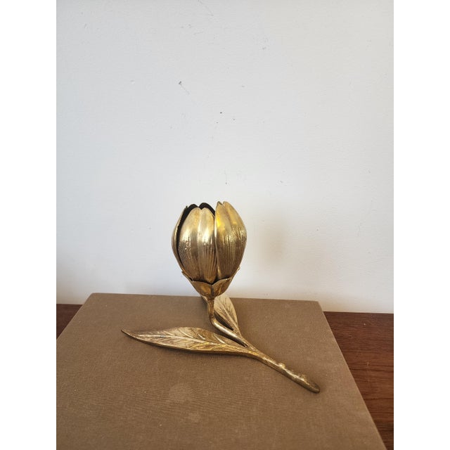 Vintage Italian Gilt Brass Flower Candle Holder Hollywood Regency Floral Centerpiece Gold Metal Lily Sculpture Decor For Sale - Image 9 of 16