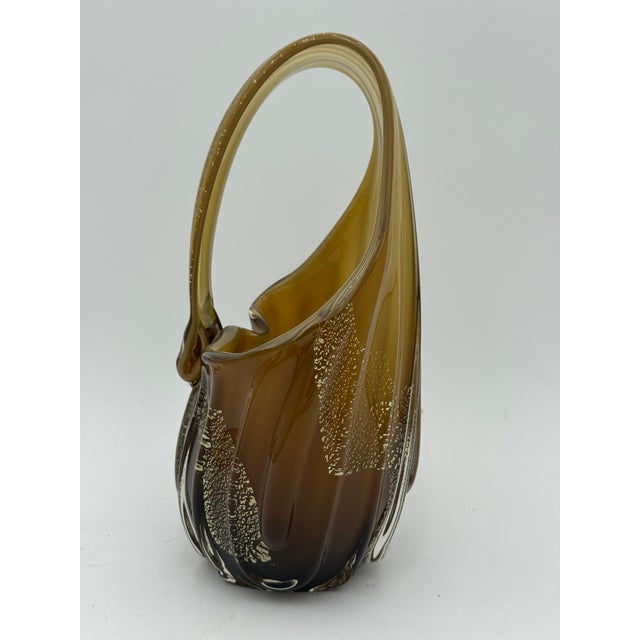 1960s Mid Century Murano Amber Art Glass Aventurine Gold Flecks Vase Basket Handled For Sale - Image 5 of 11