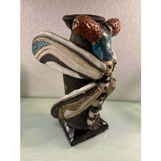 Ceramic Dragonfly Vase, dated 1991 and signed Johnson. Nice heavy well-built vase with a massive Dragonfly as the main...