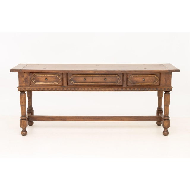 Italian Baroque Style Walnut Library Table, with three drawers on four turned wood legs conjoined by H-stretcher. 33.25" H...