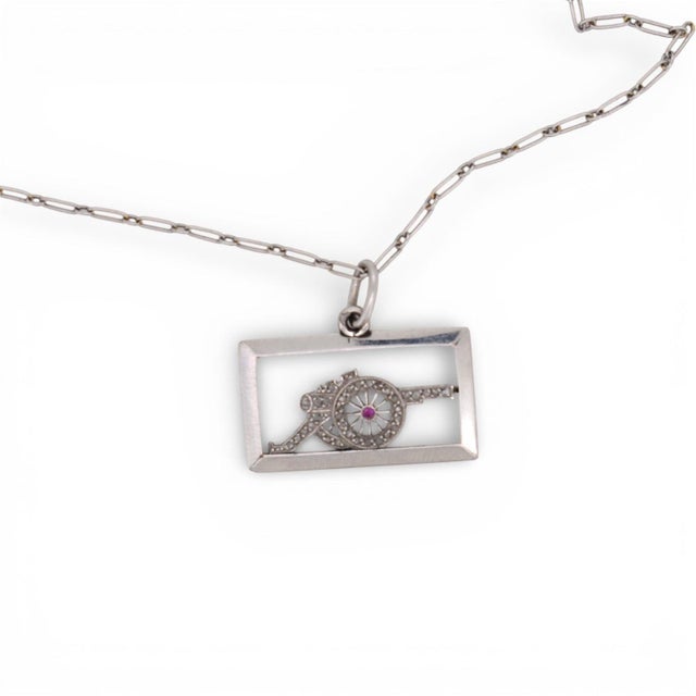 Antique Art Deco Platinum Military Pendant — Diamond and Ruby For Sale - Image 6 of 6