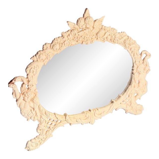 Vintage Cast Iron Rococo-Style Vanity/Easel Mirror, Cherub & Floral Crest For Sale