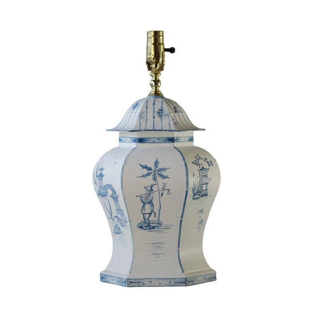 Pair Vintage Chinoiserie 6 Sided Blue and White Painted Tole Temple Jar Lamp For Sale In New York - Image 6 of 8