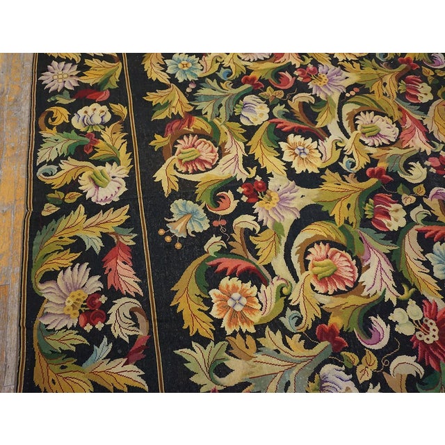 Late 19th Century 1890s Black Floral Antique European Needlepoint Rug 10'6" X 24'9" Handknotted Wool Carpet For Sale - Image 5 of 11