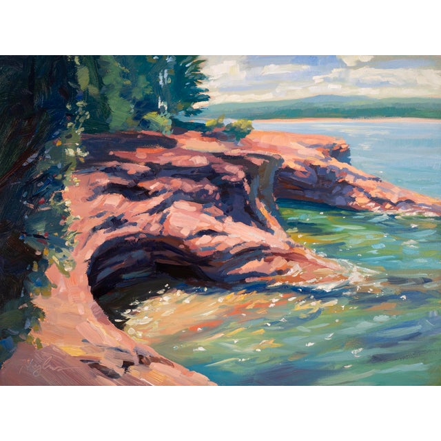 Presque Isle (Day 123), June 27, 2024 by Primary Hughes | Oil Painting of a rocky shoreline and water For Sale