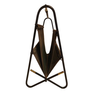 Mid-Century Modern Three-Tier Newspaper Rack in Brass and Leather, 1960s For Sale