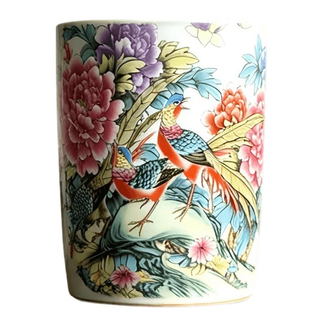 Chinese Ceramic Pot,Tongzhi Marked Famille Rose Porcelain Brush Pot Hand Painted Rooster and Peony Flowers Pattern For Sale