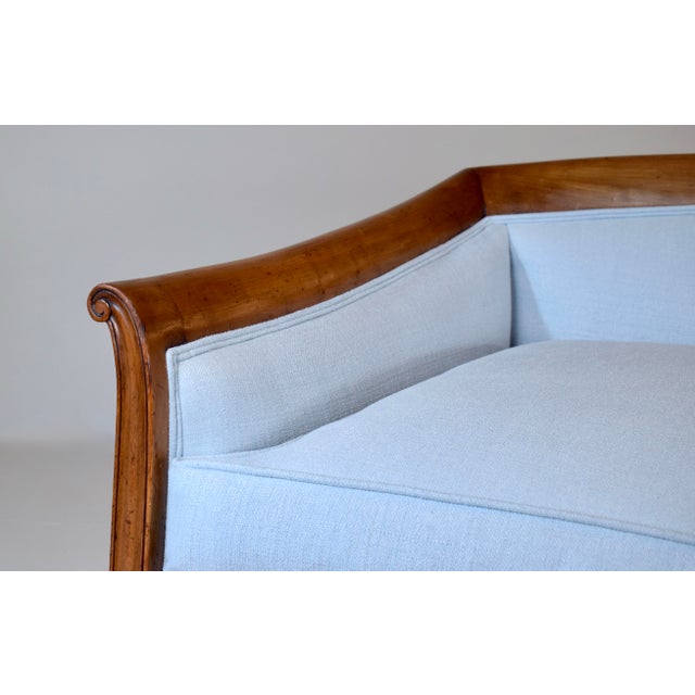 Textile French Directoire Style Sofa, Hand Carved Cherry, Light Blue For Sale - Image 7 of 18