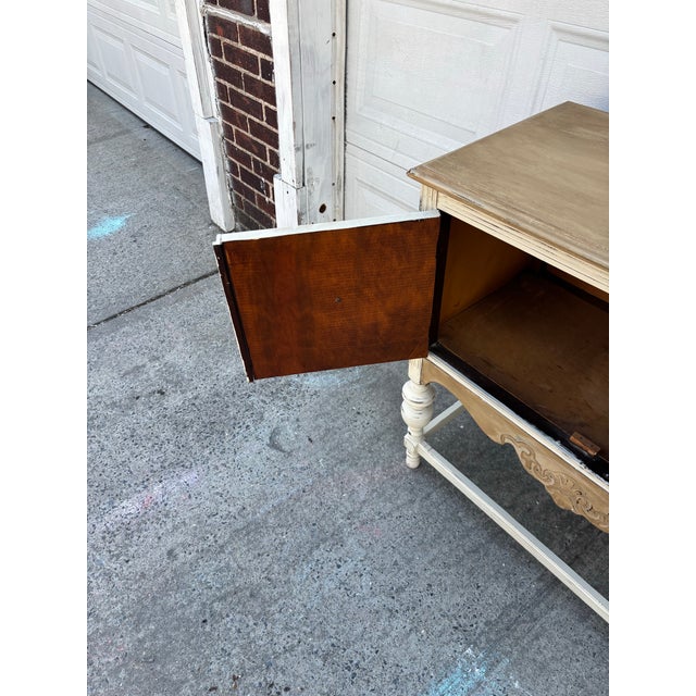 Farmhouse Distressed Neutral Cabinet | Vintage Rustic Sideboard | Shabby Chic Painted Console | Entryway Storage Cabinet | Wood Bar Cabinet For Sale - Image 9 of 11