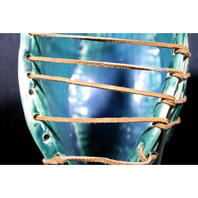 Mid Century Modern Ceramic Green Biomorphic Shell Design on Metal & Wood Stand For Sale In Detroit - Image 6 of 8