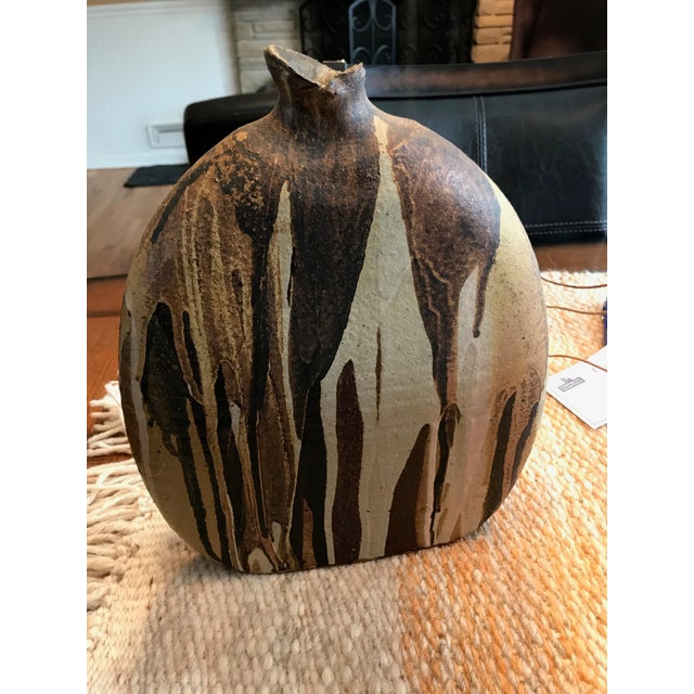 Vintage Andrew Bergloff Paddled Vase Vessel Studio Art Pottery, Retro Drip Glazed Stoneware, Mid Century Modern Vase,...