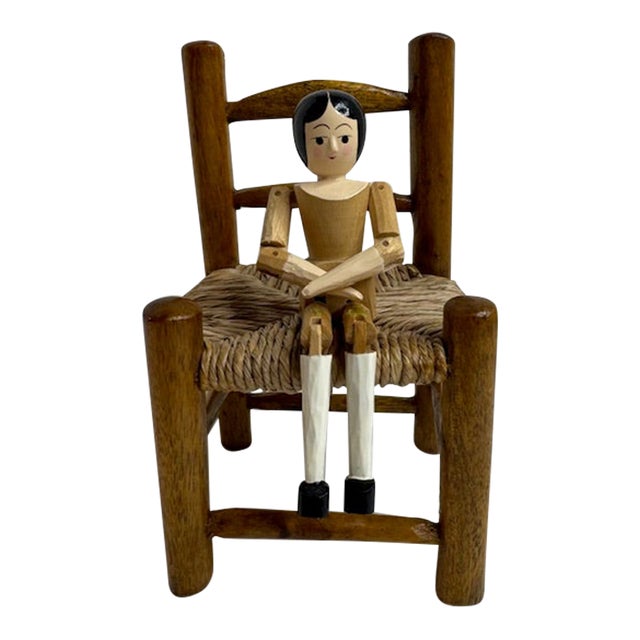 Vintage Eric Horne Co. Wooden Peg Doll in a Rush-Seat Chair, Made in Usa For Sale