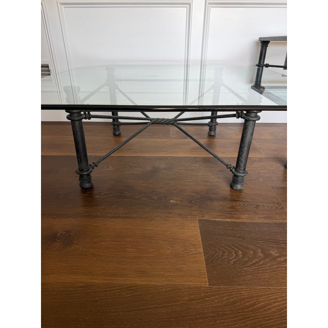 Vintage Postmodern Glass & Faux-Bamboo Iron Table Set | Coffee Table + Matching Side Tables For Sale - Image 4 of 12