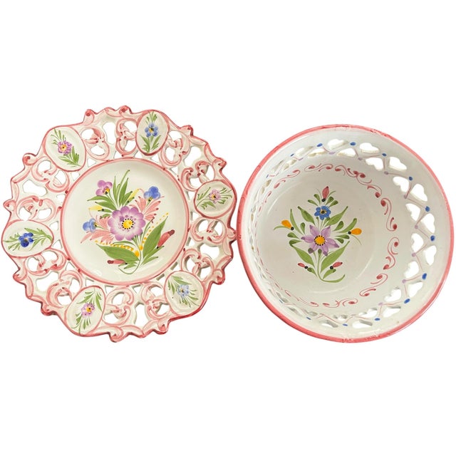 Shabby Chic Vintage Hand-Painted Portuguese Cachepot and Reticulated Underplate in the Style of Herend For Sale - Image 3 of 11