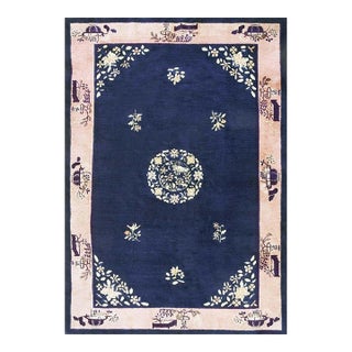 1920s Antique Blue Field Vase Medallion Wool Knotted Peking Runner Small Rug For Sale