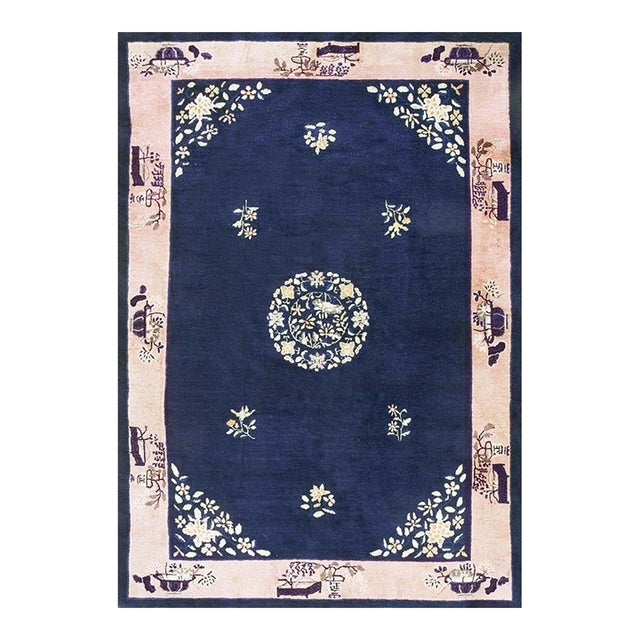 1920s Antique Blue Field Vase Medallion Wool Knotted Peking Runner Small Rug For Sale