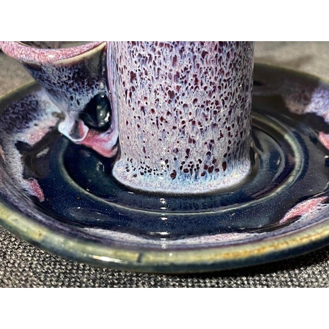 Signed Bay Pottery Sculptural Candlestick Holder With Purple & Blue Reactive Glaze For Sale - Image 9 of 9
