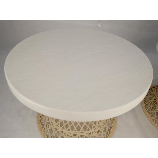 White Pair Spun Fiberglass 24" Round Stone Textured Tops End Side Tables Woodard MINT For Sale - Image 8 of 14