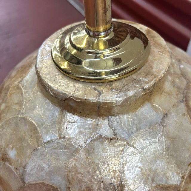 Wood 1970s Large Vintage Capiz Shell Table Lamp With Teak Wood Base For Sale - Image 7 of 8