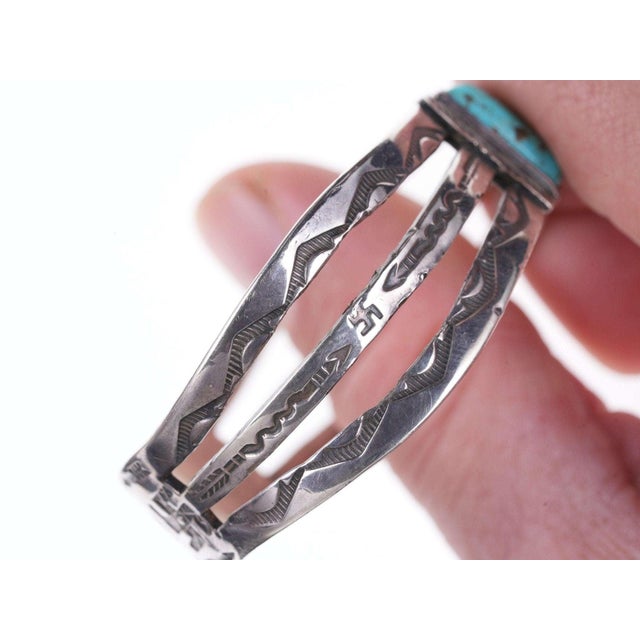 c1940's Navajo Silver Stamped cuff bracelet with whirling logs and turquoise cen For Sale - Image 4 of 8