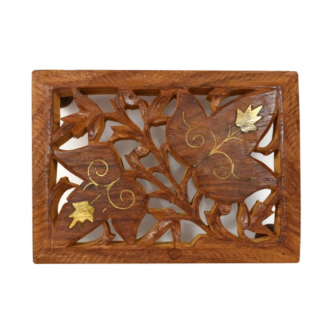Set of 3 hand carved floral design wooden trivet with different Size, shapes and patterns and gold brass inlaid details,...