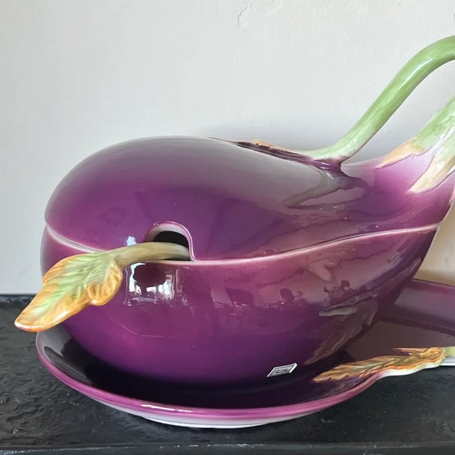 Fitz & Floyd - Tureen and Platter With Ladle in Form of Aubergine (Hand Painted) - 1988, Set of Three (3) Platter measures...