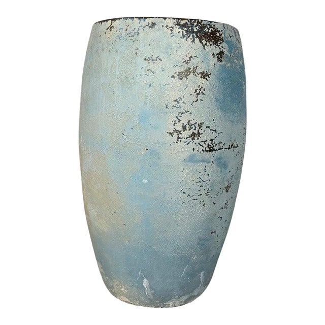 Terracotta Mediterranean Style Vessel With Pale Blue Weathered Patina For Sale