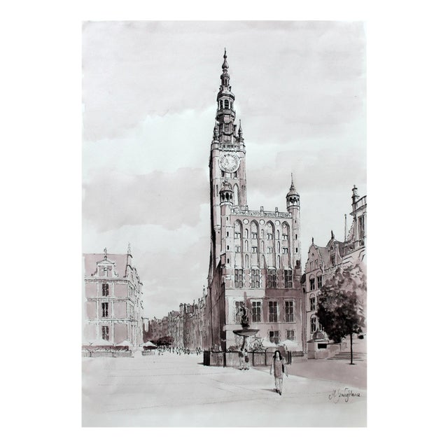 Mariusz Szałajdewicz, Gdańsk: The Town Hall and Fountain of Neptune, Drawing on Paper For Sale