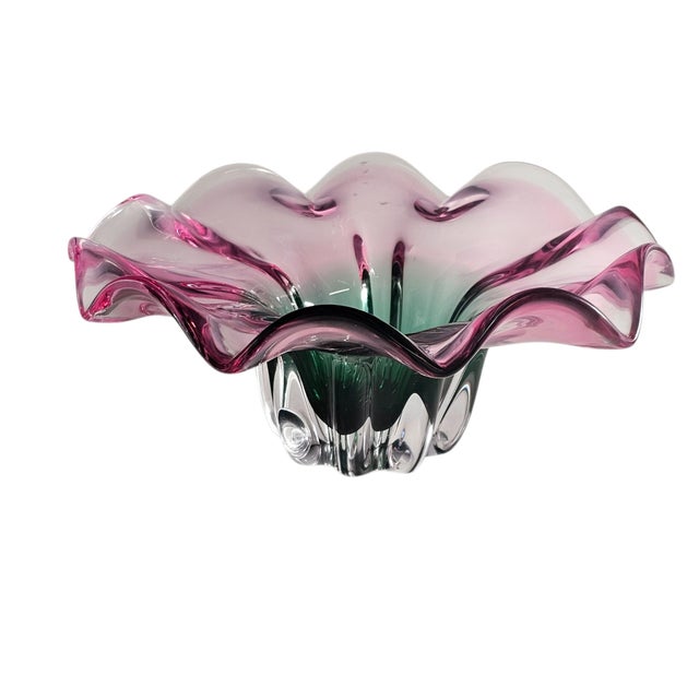 Green Murano Style Sommerso Art Glass Ruffled Centerpiece Bowl Pink Green 20" For Sale - Image 8 of 17
