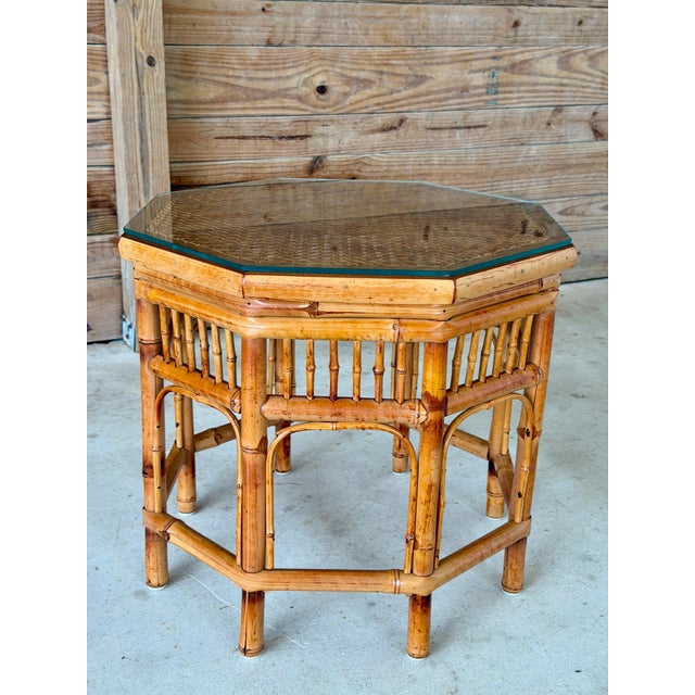 Vintage Octagonal Bamboo and Cane Side Table With Glass Top For Sale - Image 9 of 12