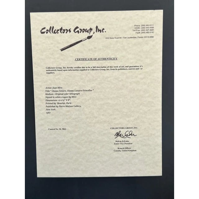 Joan Miro Oiseau Solaire, Oiseau Lunaire 1967 Color Lithograph Hand Signed, Coa 1967 For Sale - Image 12 of 12