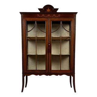Antique English Inlaid Mahogany Display Cabinet For Sale