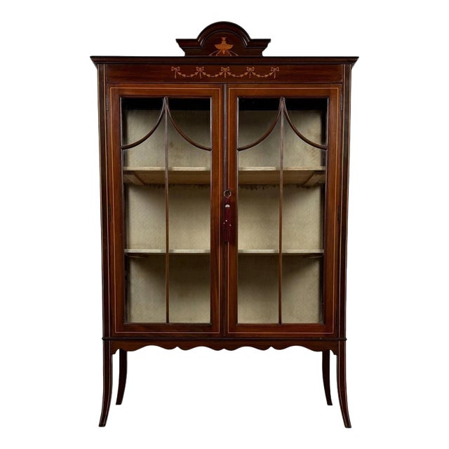 Antique English Inlaid Mahogany Display Cabinet For Sale