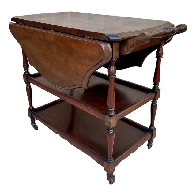 1960s Spanish Wooden Bar Cart With Folding Leaves and Three Tiers For Sale