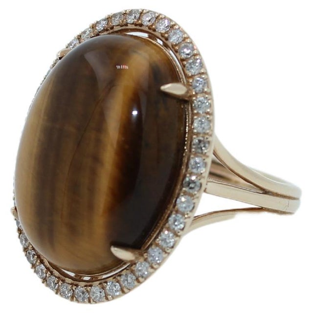 Contemporary Golden Oval Tiger's Eye Cabochon Diamond Halo Cocktail 14 Karat Yellow Gold Ring, Size 7 For Sale - Image 3 of 15