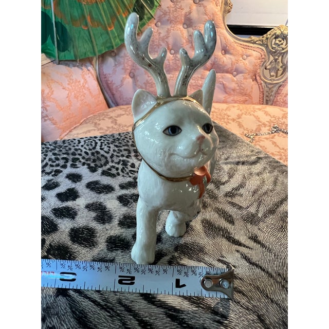 Ceramic Vintage Lennox Ceramic Christmas Cat With Reindeer Antlers For Sale - Image 7 of 7