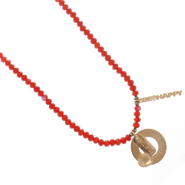 Believe & Be Happy Red Crystal Beaded Gold Choker Necklace For Sale - Image 11 of 13