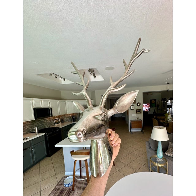 Late 20th Century Large Modernist Cast Polished Metal Deer Antler Head Wall Sculpture For Sale - Image 5 of 15